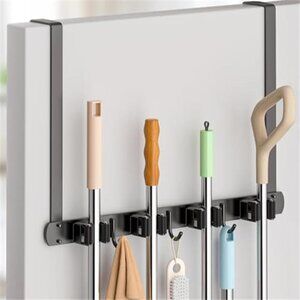 Stainless Steel Broom Holder Over Door Mop Organizer With Hooks